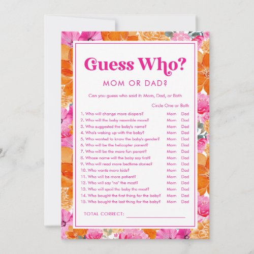 Guess Who Pink  Floral Baby Shower Game Invitation