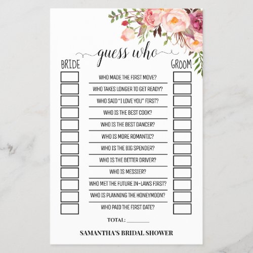 Guess Who Pink Flowers Bridal Shower Game Card Flyer