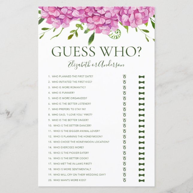 Guess Who Pink Hydrangeas Bridal Shower Game (Front)