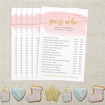 Guess Who Pink Watercolor   Gold Baby Shower Game by lemontreecards at Zazzle