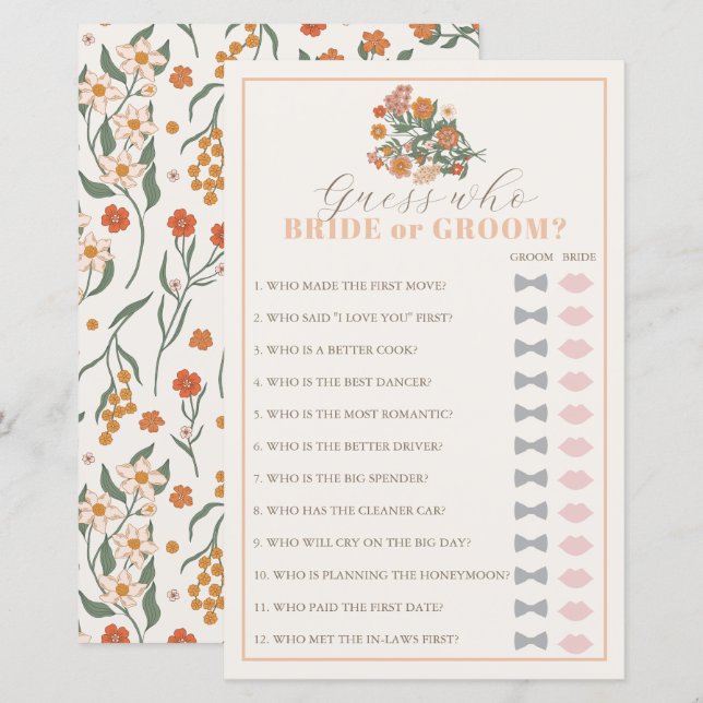Guess Who Retro Wildflower Bridal Shower Game (Front/Back)