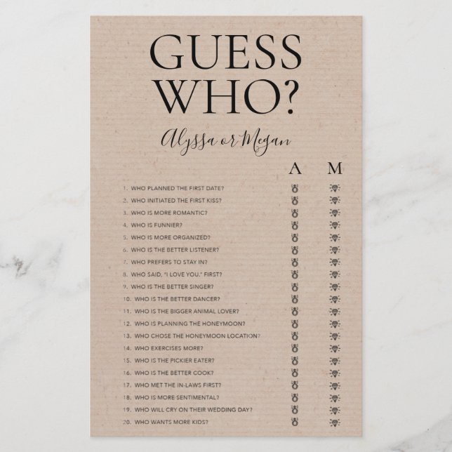Guess Who Rustic LGBTQ Bridal Shower Game (Front)