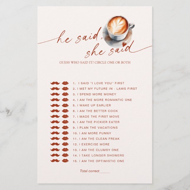Guess Who Said It Coffee Bridal Shower Game (Front)