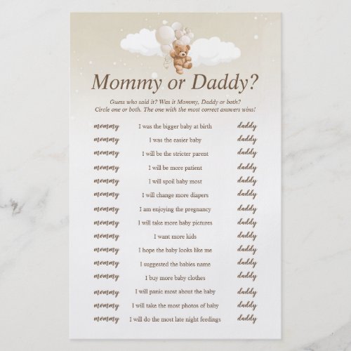 Guess Who Said It Teddy Bear Baby Shower Game Flyer