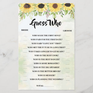 Guess Who Sunflowers Bridal Shower Game Card Flyer
