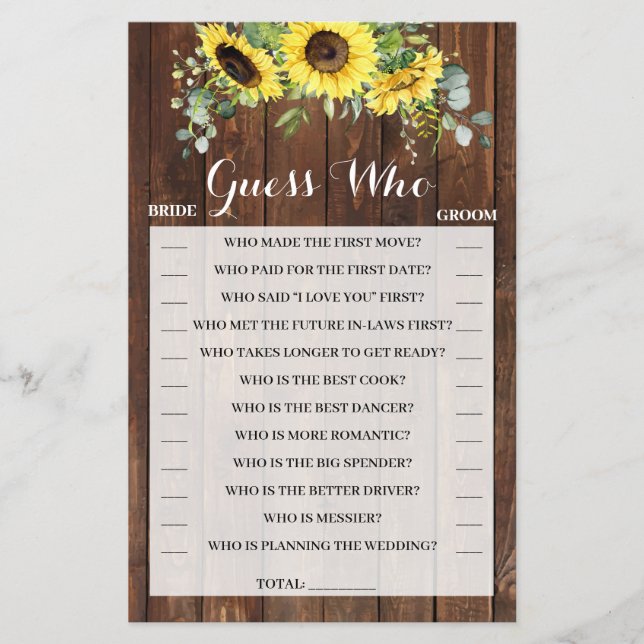 Guess Who Sunflowers Bridal Shower Game Card Flyer (Front)