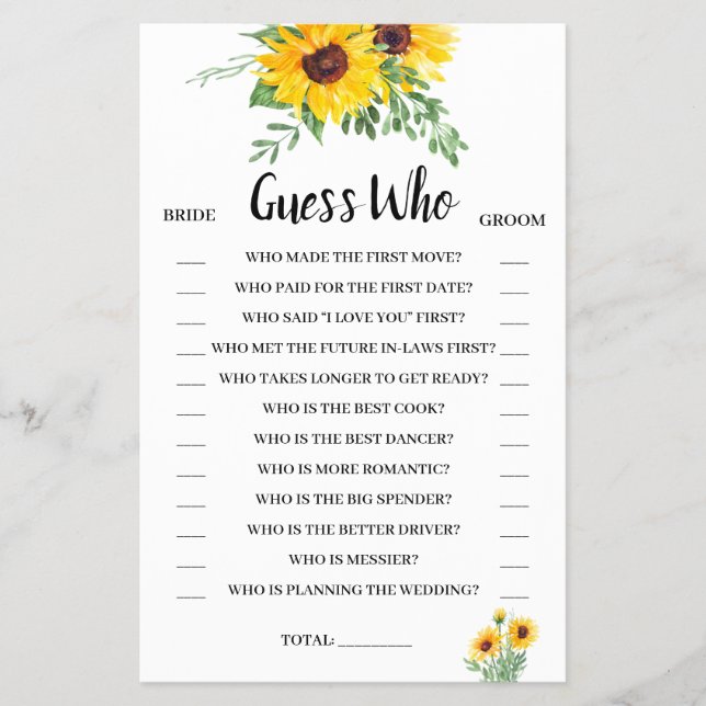 Guess Who Sunflowers Bridal Shower Game Card Flyer (Front)