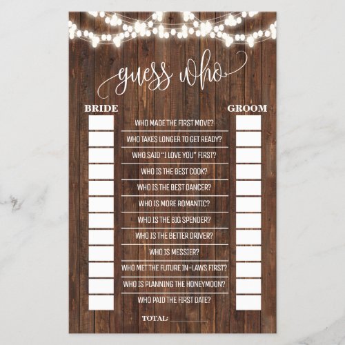 Guess Who Western Bridal Shower Game Card Flyer