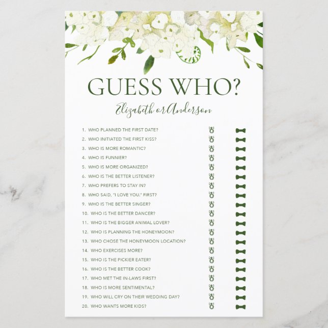 Guess Who White Hydrangeas Bridal Shower Game (Front)
