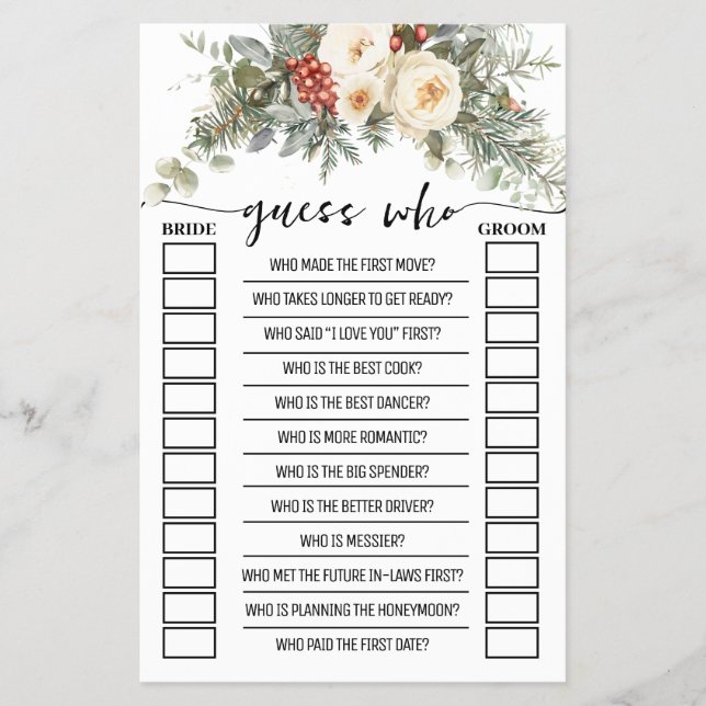 Guess Who Winter Floral Bridal Shower Game Card Flyer (Front)