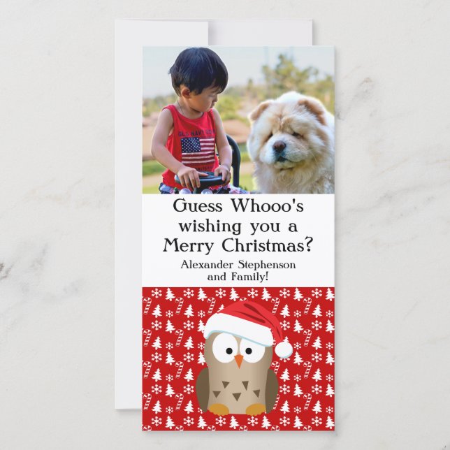 Guess Whoo Christmas Owl with Santa Hat Holiday Card (Front)