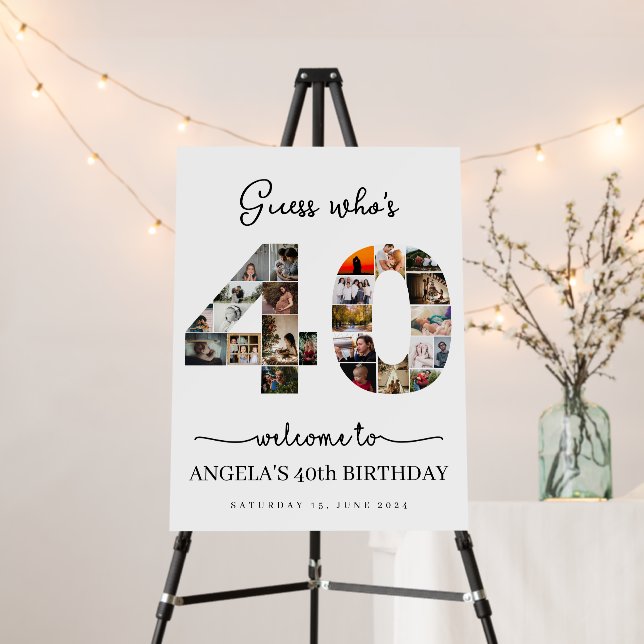 Guess who's 40 Photo Collage birthday party sign (In Situ (Stand))