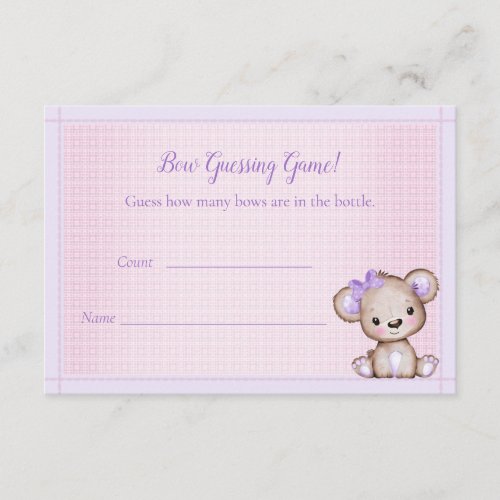 Guessing Count Baby Shower Cute Purple Bear Game Enclosure Card