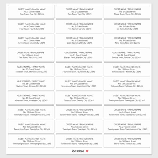 Guest Address Labels for 30 Invitation Envelopes | Zazzle