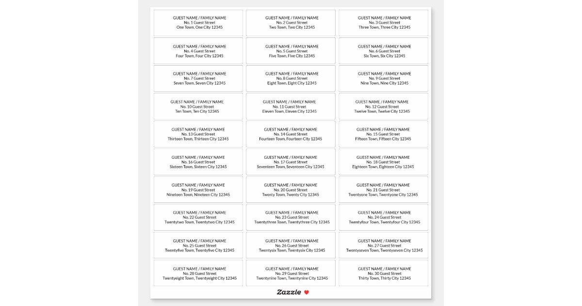 Guest Address Labels for 30 Invitation Envelopes | Zazzle.com