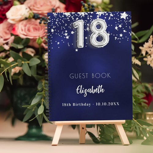 Guest book 18th birthday navy blue silver stars