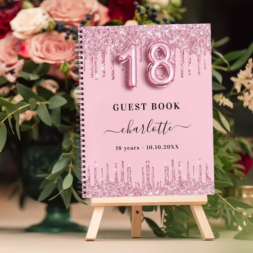 Guest book 18th birthday pink glitter drips name
