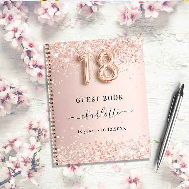 Guest book 18th birthday rose gold glitter | Zazzle