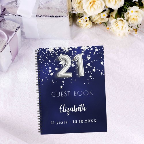 Guest book 21st birthday navy blue silver stars