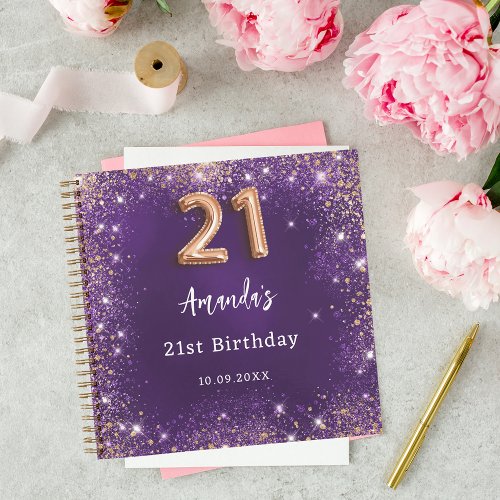 Guest book 21st Birthday purple rose gold glitter