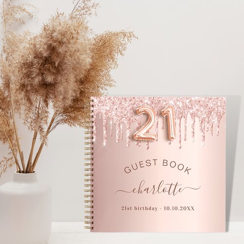 Guest book 21st birthday rose gold glitter drips
