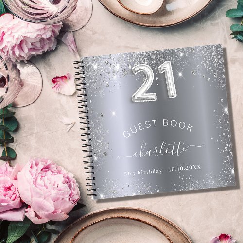 Guest book 21st birthday silver glitter name glam