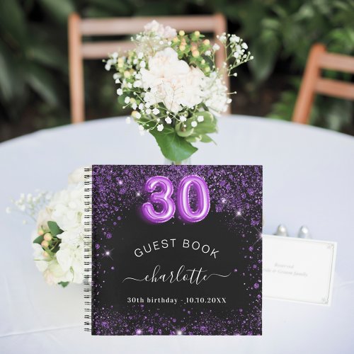 Guest book 30th birthday black purple glitter name