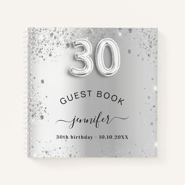 Guest book 30th birthday silver glitter name glam (Front)