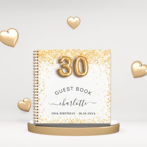 Guest book 30th birthday white gold glitter