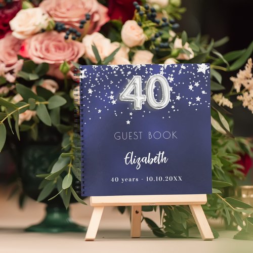 Guest book 40th birthday navy blue silver stars