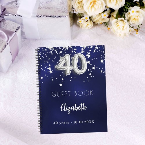 Guest book 40th birthday navy blue silver stars