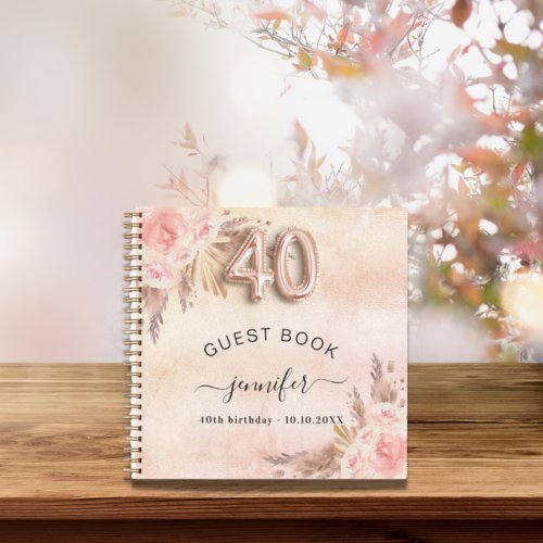 Guest book 40th birthday pampas grass rose gold