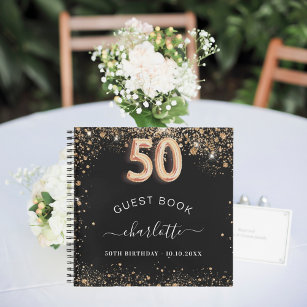 Guest book 50th birthday black gold glitter name