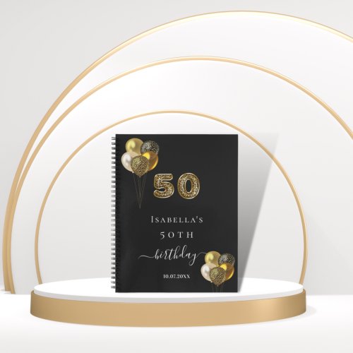 Guest book 50th birthday black gold leopard animal