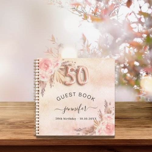 Guest book 50th birthday pampas grass rose gold