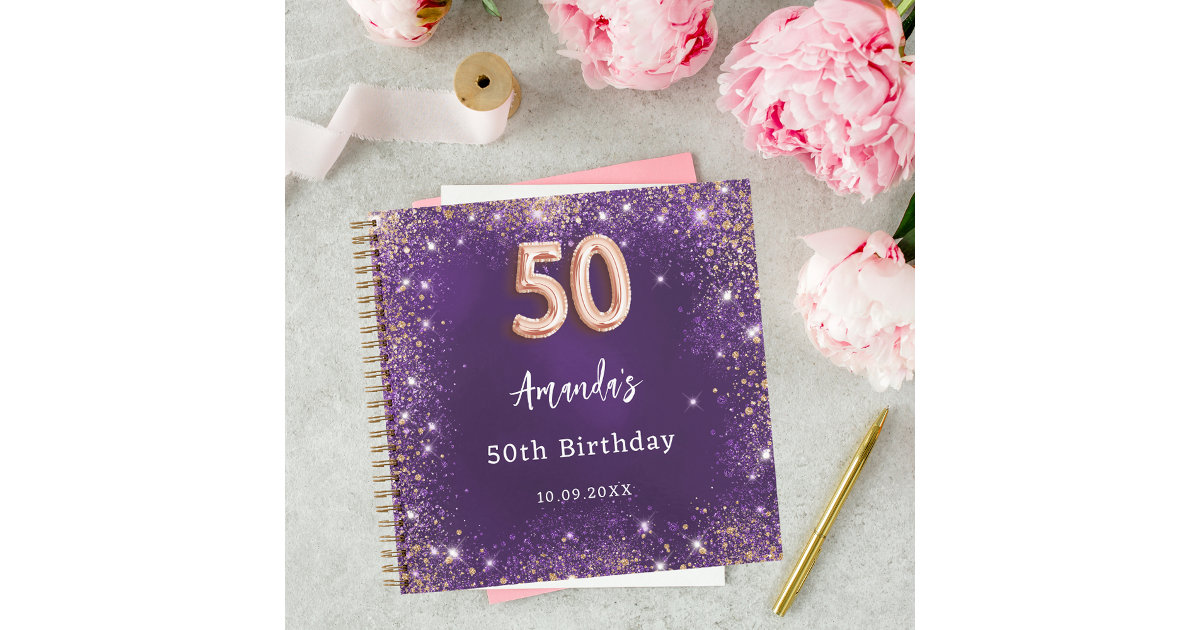 Guest book 50th Birthday purple rose gold glitter Zazzle