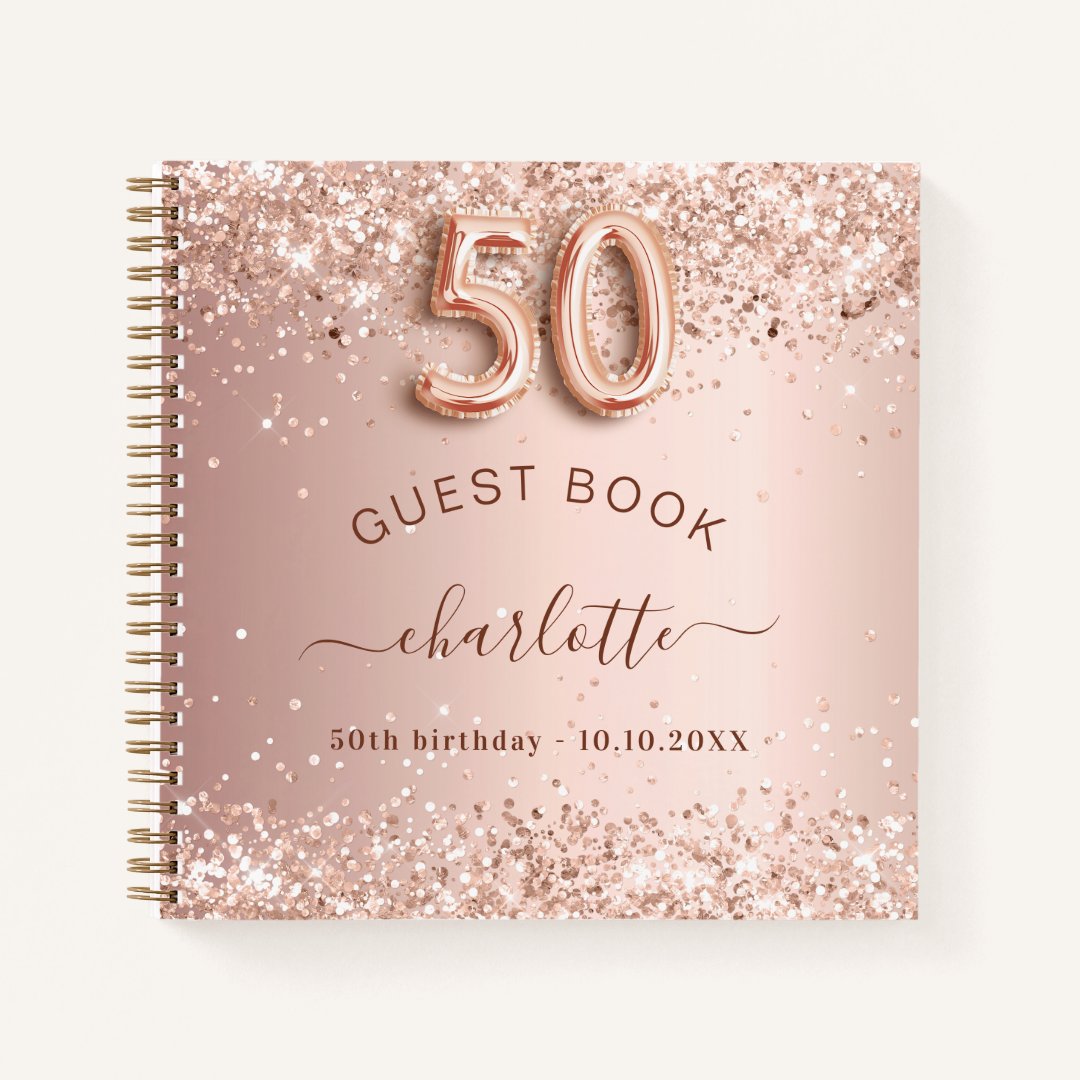 Guest book 50th birthday rose gold glitter blush Zazzle