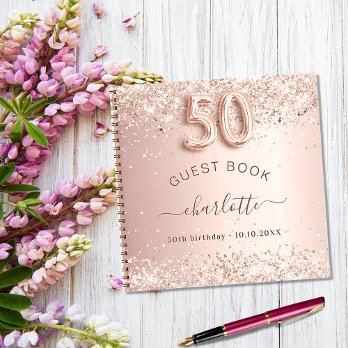 Guest book 50th birthday rose gold glitter blush