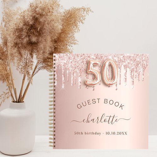 Guest book 50th birthday rose gold glitter drips