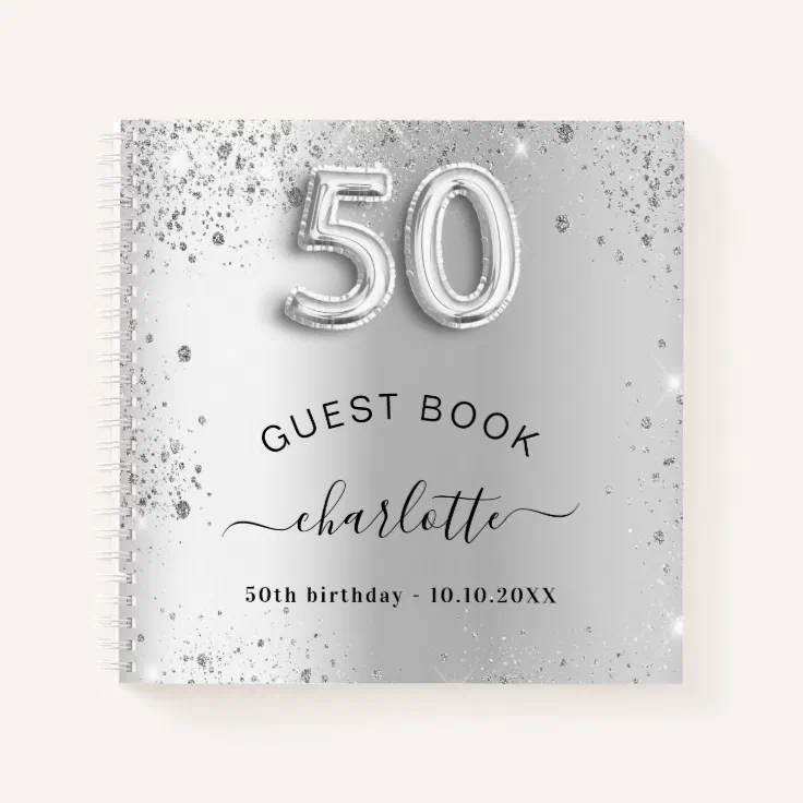 Guest book 50th birthday silver glitter name glam Zazzle