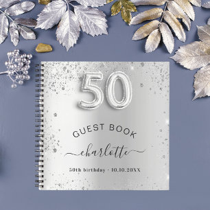 Guest book 50th birthday silver glitter name glam
