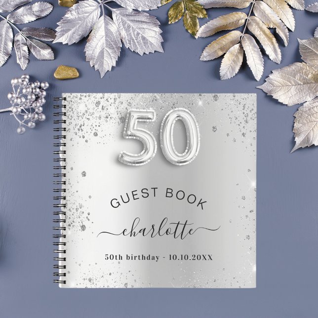 Guest book 50th birthday silver glitter name glam (Creator Uploaded)