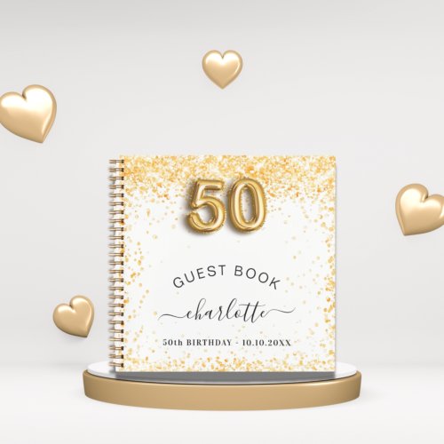 Guest book 50th birthday white gold glitter