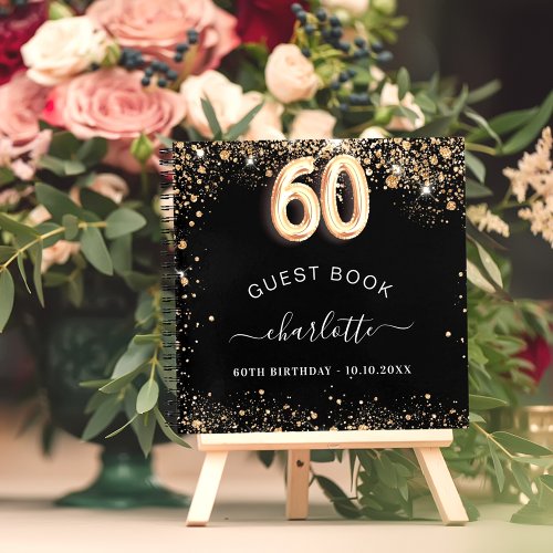 Guest book 60th birthday black gold glitter name