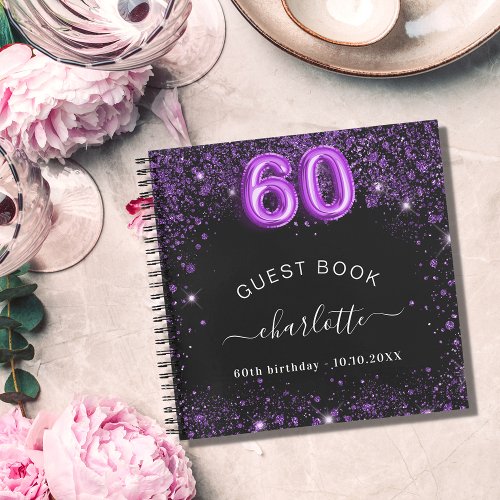 Guest book 60th birthday black purple glitter name