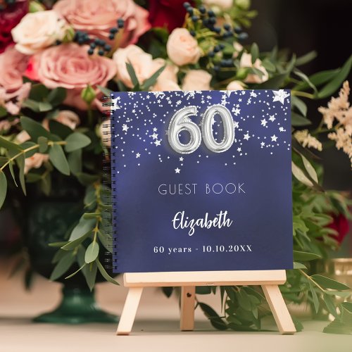 Guest book 60th birthday navy blue silver stars