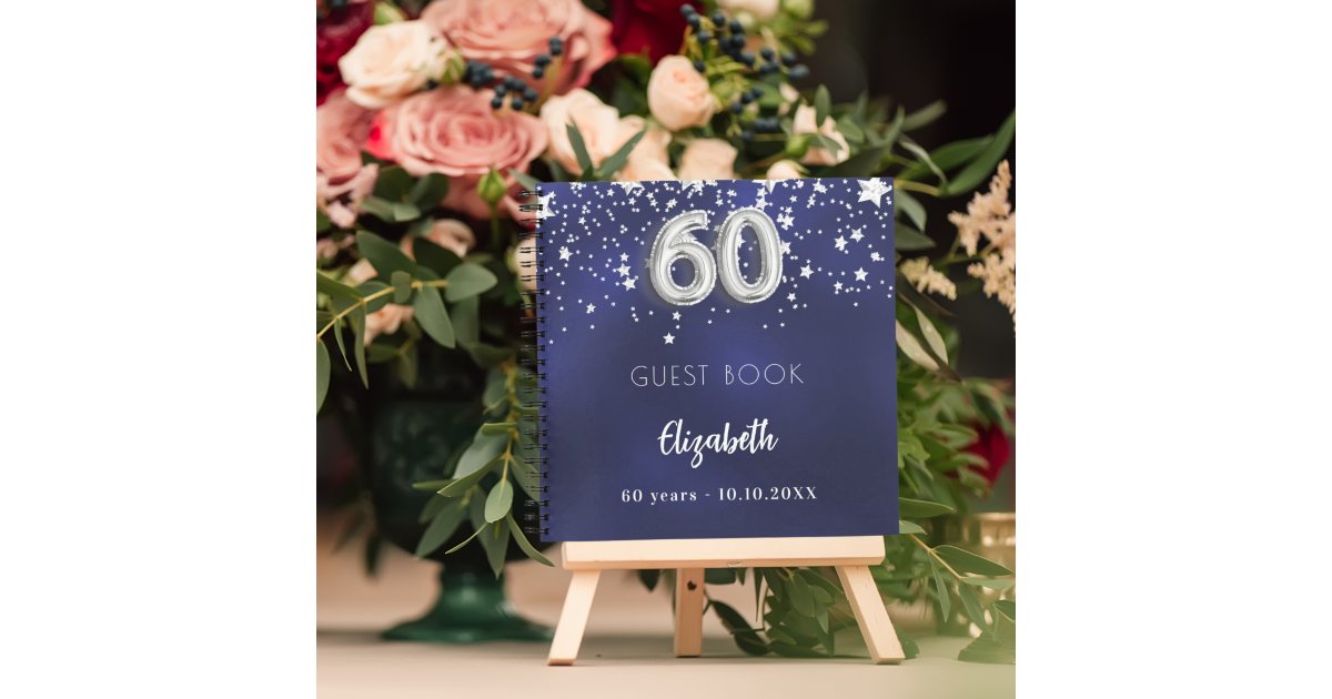 Guest book 60th birthday navy blue silver stars