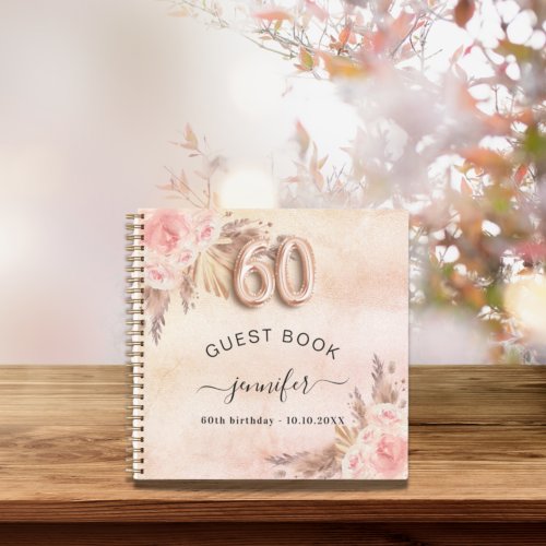 Guest book 60th birthday pampas grass rose gold