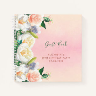 Guest book 60th birthday pink florals white peach