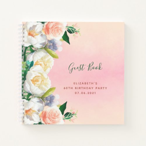 Guest book 60th birthday pink florals white peach